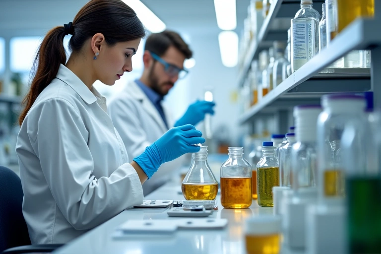 A laboratory setting showing quality control tests being performed on natural ingredients.