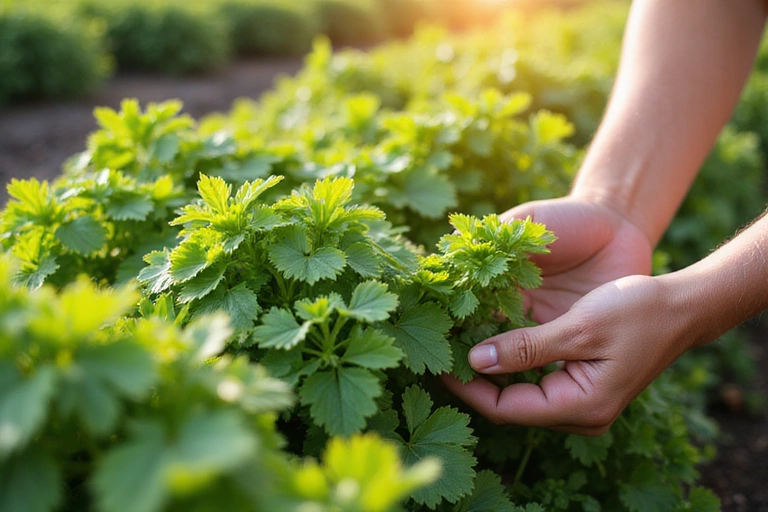 A hand picking fresh herbs from a pristine, organic farm, symbolizing ethical sourcing.