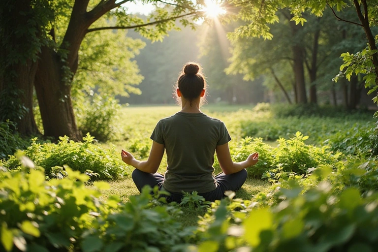 A person meditating in a lush garden, symbolizing holistic health and natural well-being.
