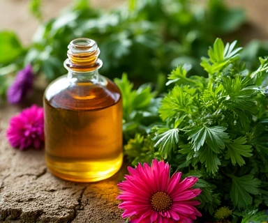 Close-up of fresh botanical ingredients like herbs and flowers, emphasizing naturalness and purity.