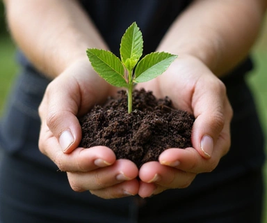 Hands holding a small plant growing in rich soil, symbolizing sustainability and environmental care.