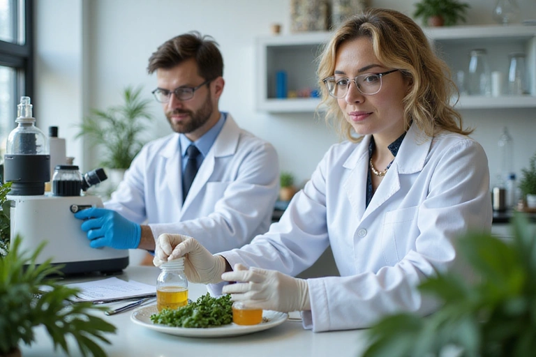Scientists in a modern lab analyzing plant extracts, symbolizing scientific research and natural ingredients.