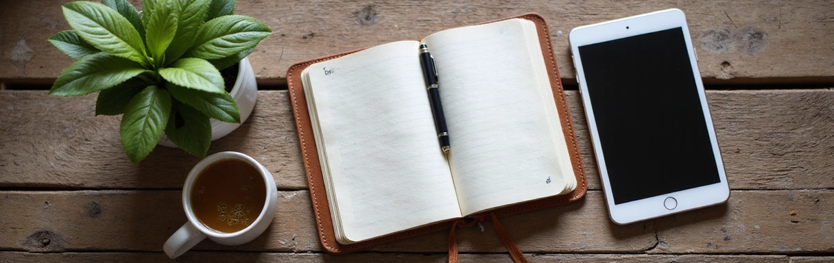 An open notebook and a tablet on a wooden table, surrounded by a small plant and a cup of herbal tea, symbolizing learning and reflection in natural health.