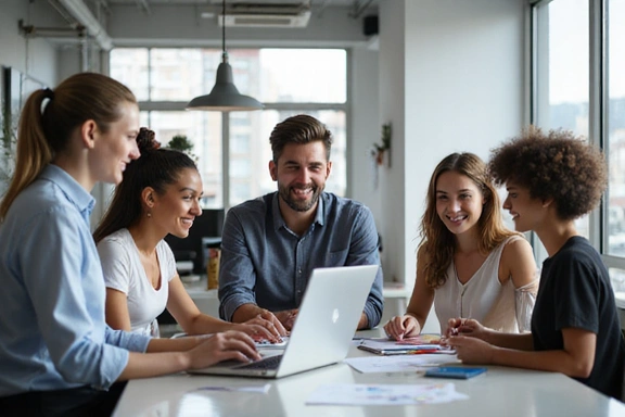 A friendly office environment with team members collaborating, representing the helpful staff of Web Solutions Inc.