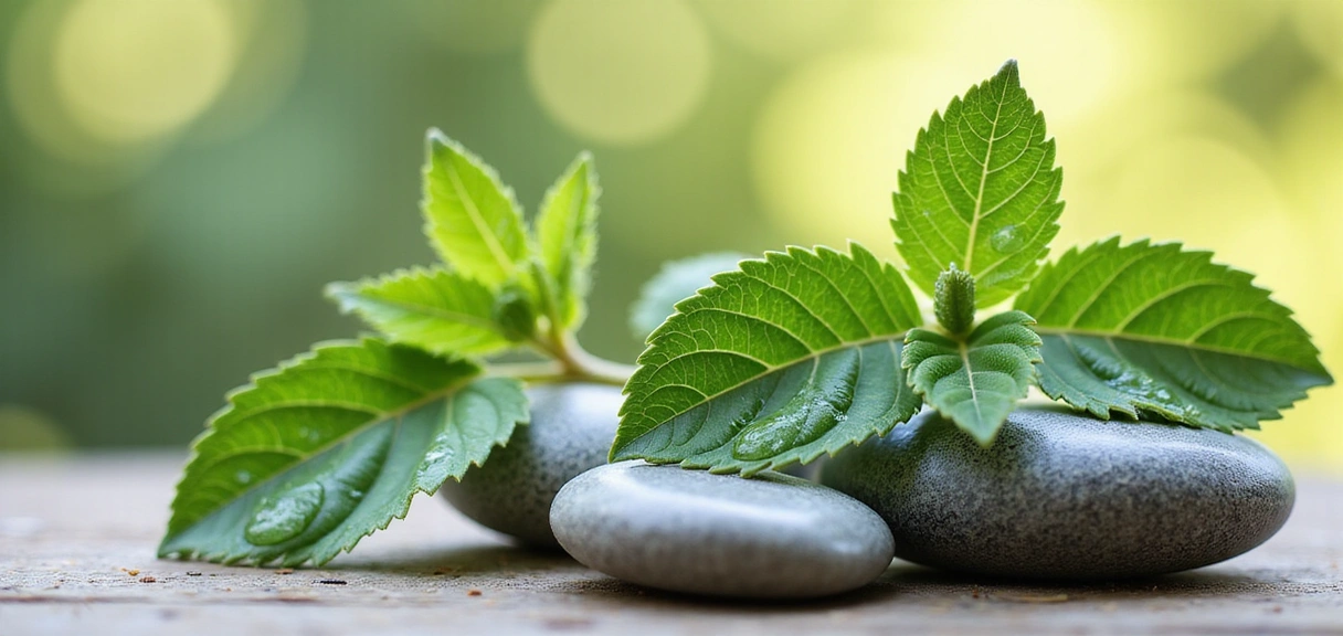 Serene natural ingredients like green leaves, water droplets, and smooth stones, symbolizing freshness and purity for Dermalycor products.