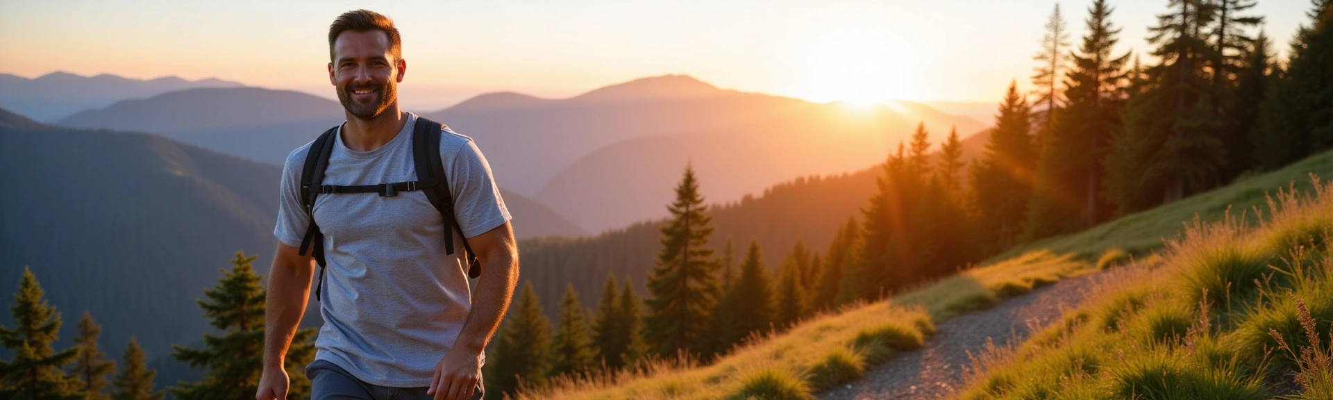 Man hiking on a mountain trail, conveying vitality and strength