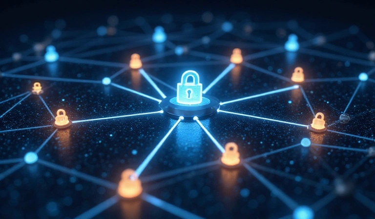 Abstract illustration of data privacy and sharing with interconnected nodes