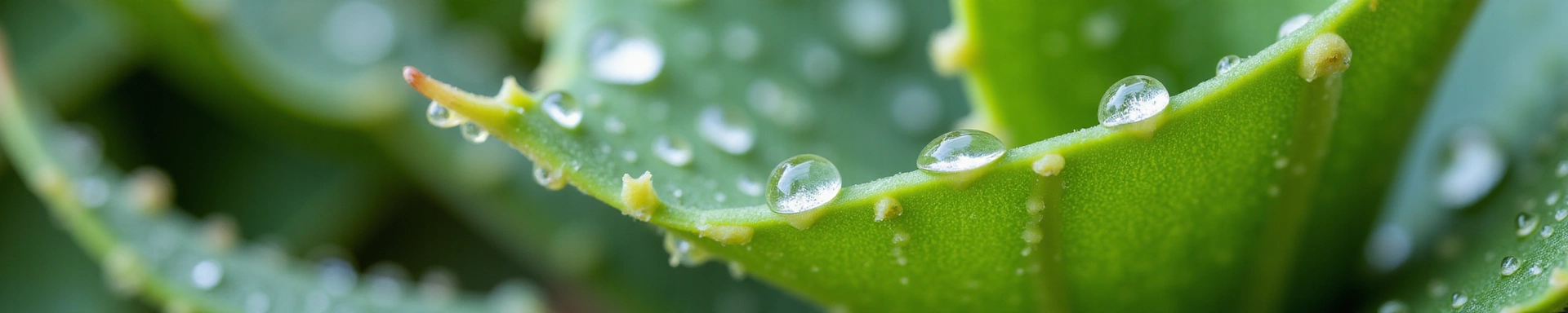 Close-up of aloe vera leaf with water droplets, symbolizing natural skincare purity