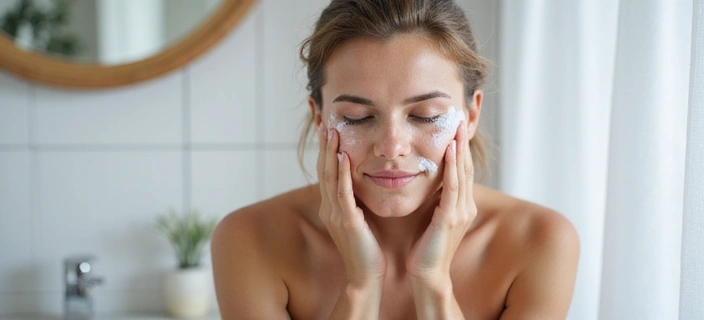 Woman performing a morning skincare routine