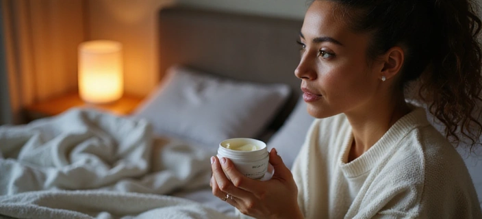 Woman performing an evening skincare routine