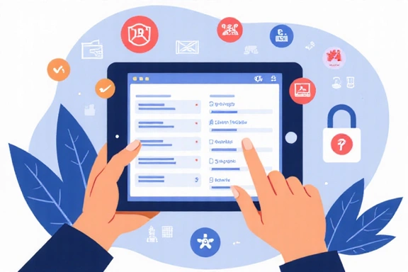 Illustration of a user updating profile settings with abstract data elements